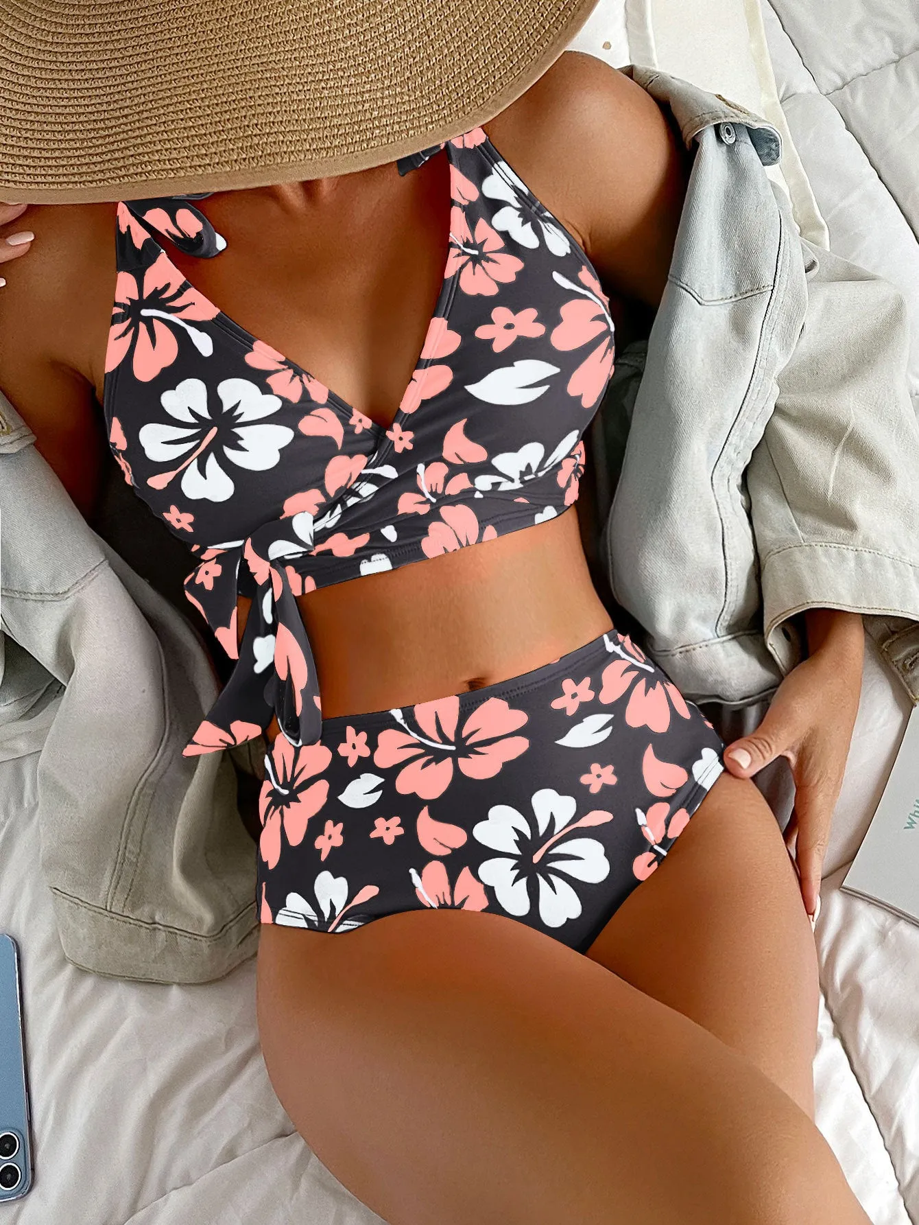 Leticia™ | Lace Up Printed High Waisted Bikini Split Swimsuit For Women