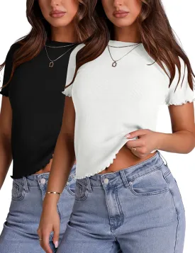 LOMON Women's Crew Neck Short Sleeves T Shirts Ribbed Fitted Summer Basic Tees Lettuce Trim Going Out Tops