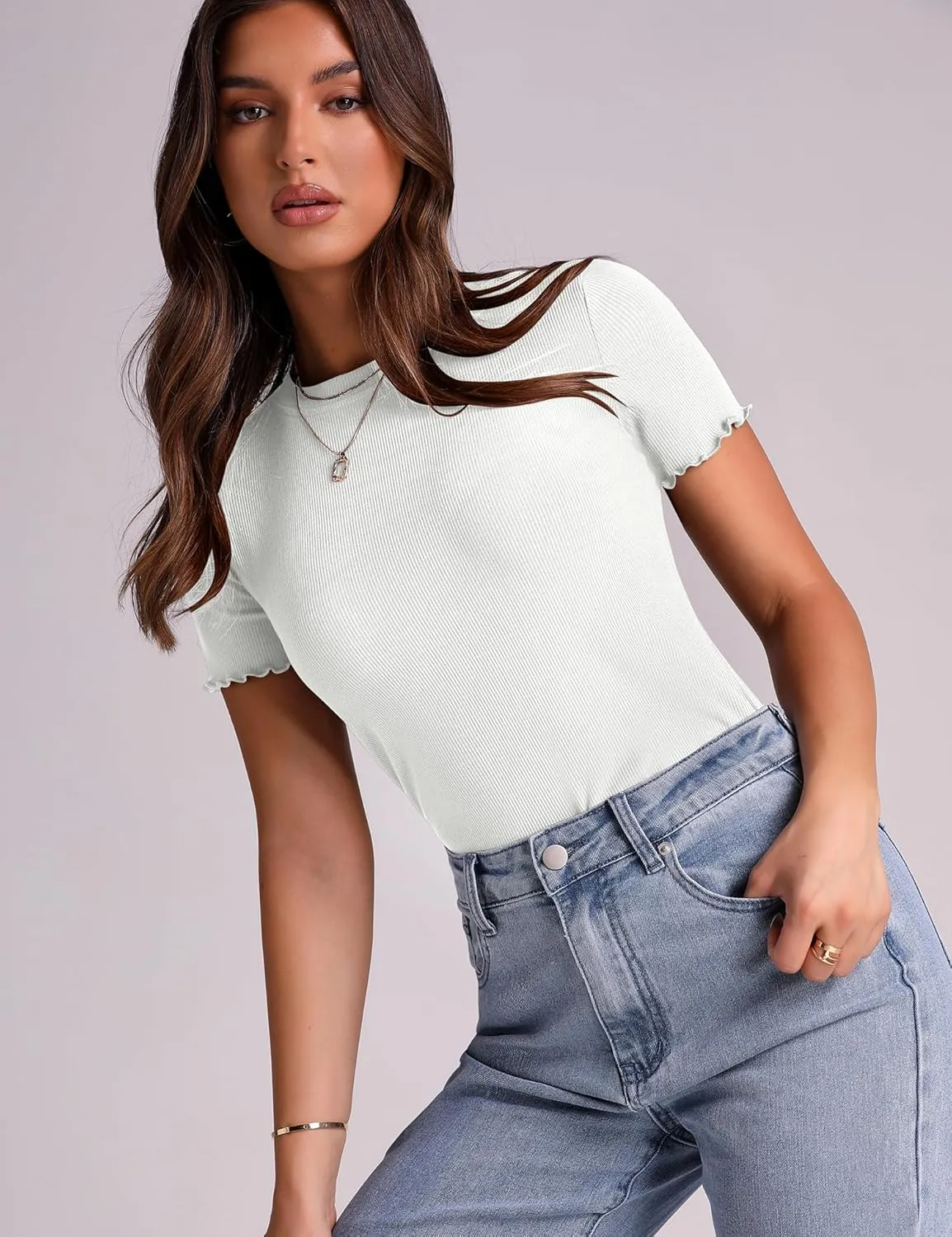 LOMON Women's Crew Neck Short Sleeves T Shirts Ribbed Fitted Summer Basic Tees Lettuce Trim Going Out Tops