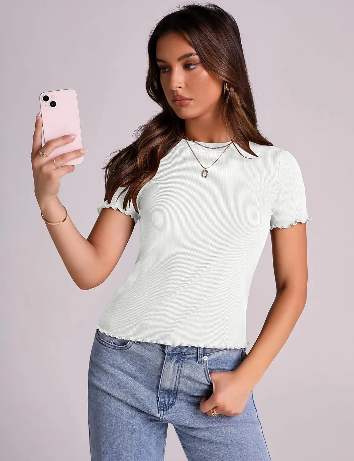 LOMON Women's Crew Neck Short Sleeves T Shirts Ribbed Fitted Summer Basic Tees Lettuce Trim Going Out Tops