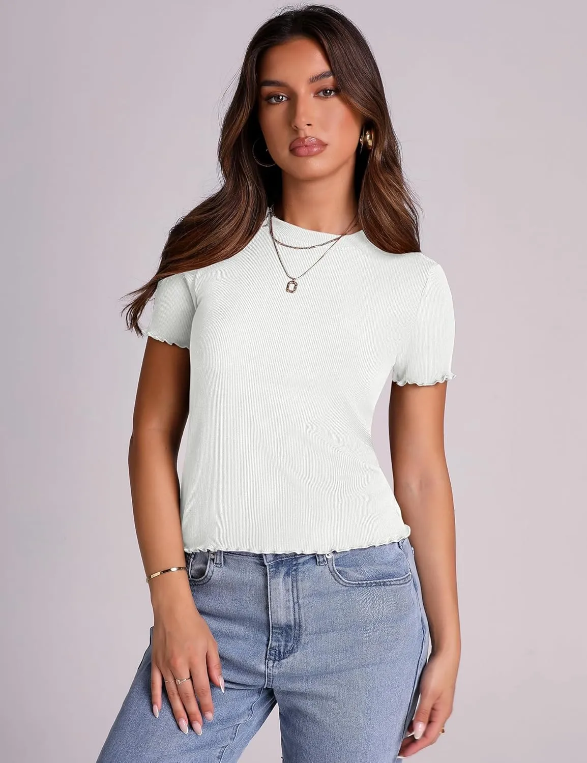 LOMON Women's Crew Neck Short Sleeves T Shirts Ribbed Fitted Summer Basic Tees Lettuce Trim Going Out Tops