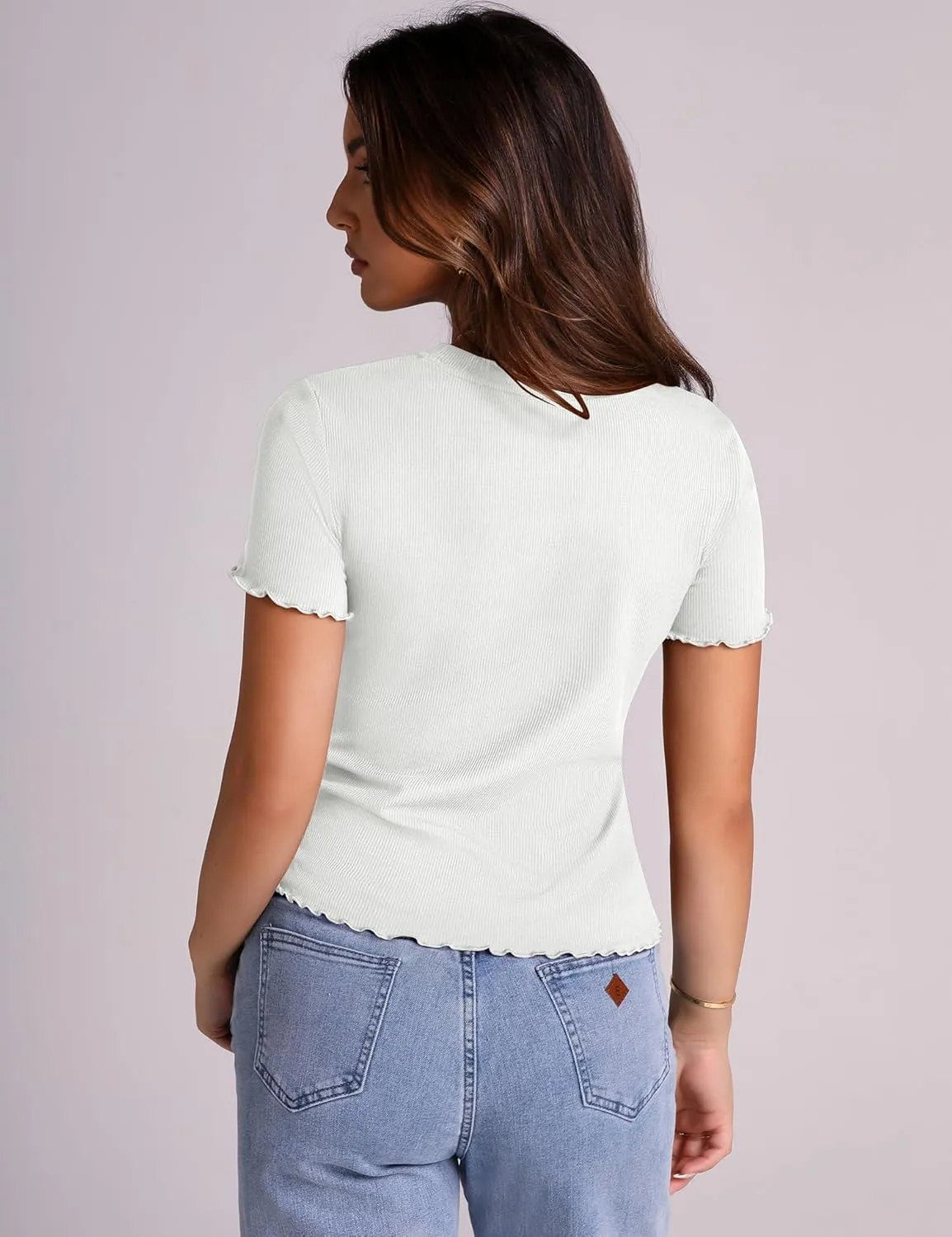 LOMON Women's Crew Neck Short Sleeves T Shirts Ribbed Fitted Summer Basic Tees Lettuce Trim Going Out Tops