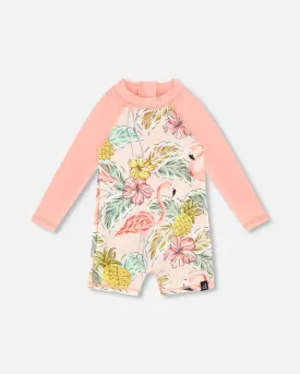 Long Sleeve One Piece Rashguard - Flamingos
