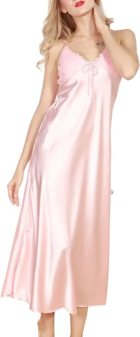 Lu's Chic Women's Satin Nightgown Dress Silk Lace Sleeveless Long Chemise Lingerie Sleepwear