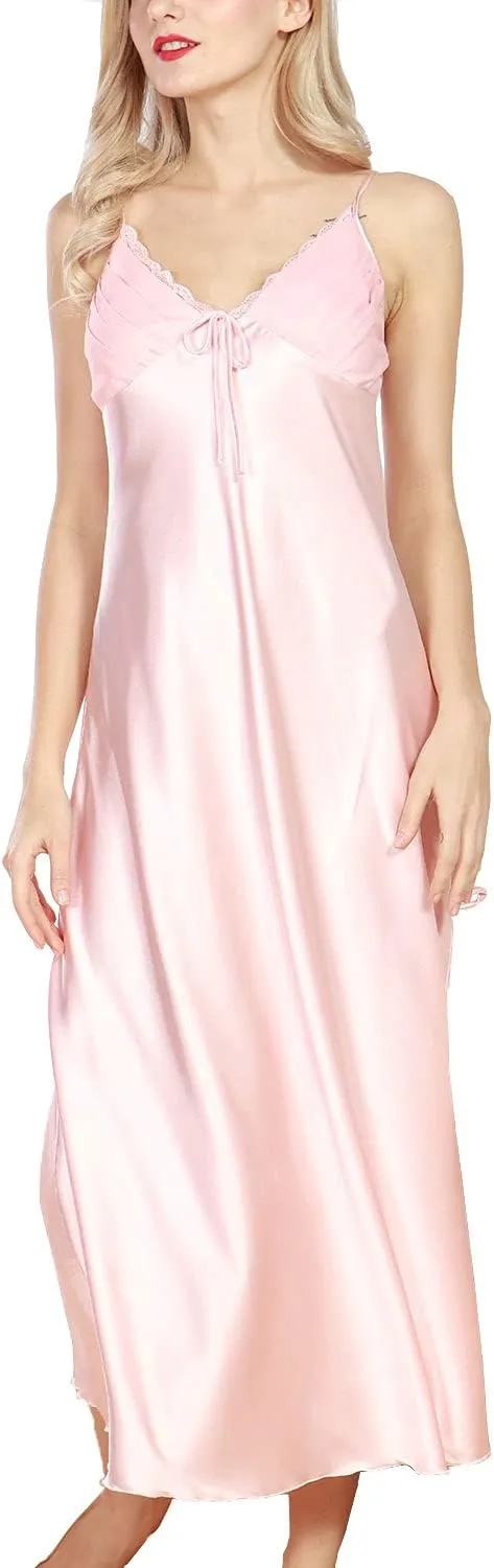 Lu's Chic Women's Satin Nightgown Dress Silk Lace Sleeveless Long Chemise Lingerie Sleepwear
