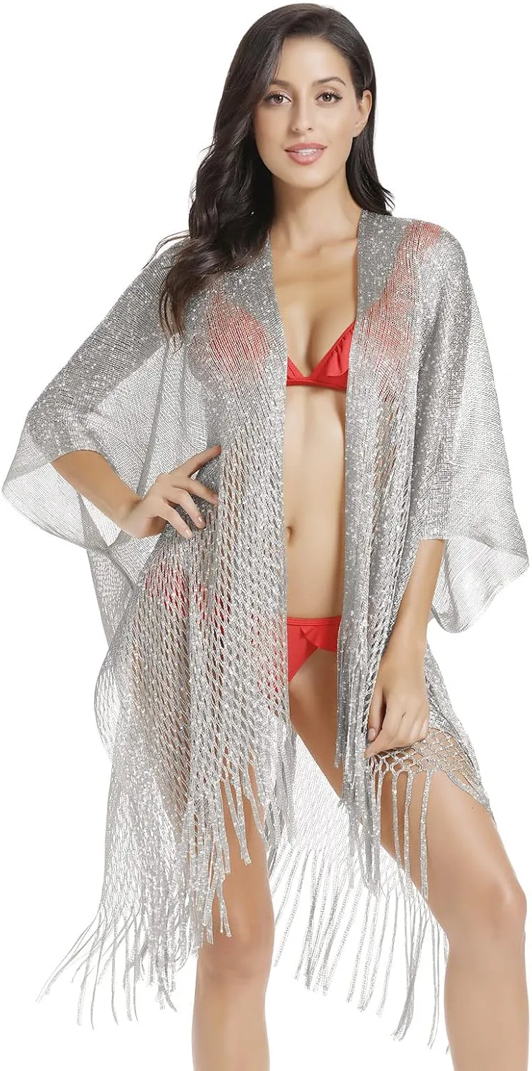 Metallic Sparkling Kimono Swimsuit Cover Ups/Beach Bikini Cover Up for Summer Vacation