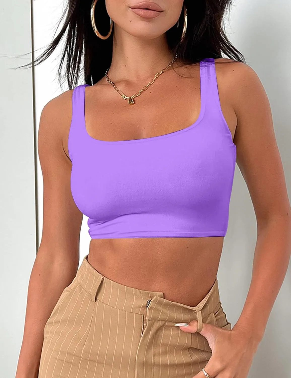 Mizoci Women's Basic Sleeveless Square Neck Cropped Double Layer Sexy Crop Tank Top