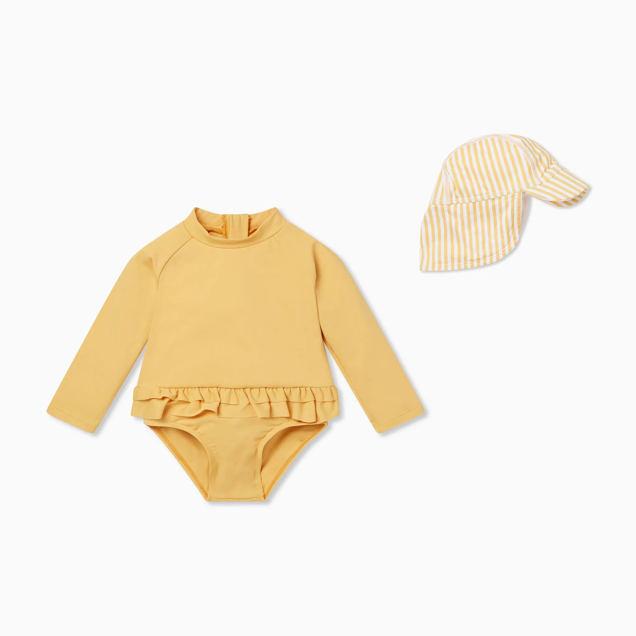 Mustard Frill Long Sleeve Swimsuit & Striped Swim Hat Set