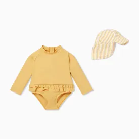 Mustard Frill Long Sleeve Swimsuit & Striped Swim Hat Set