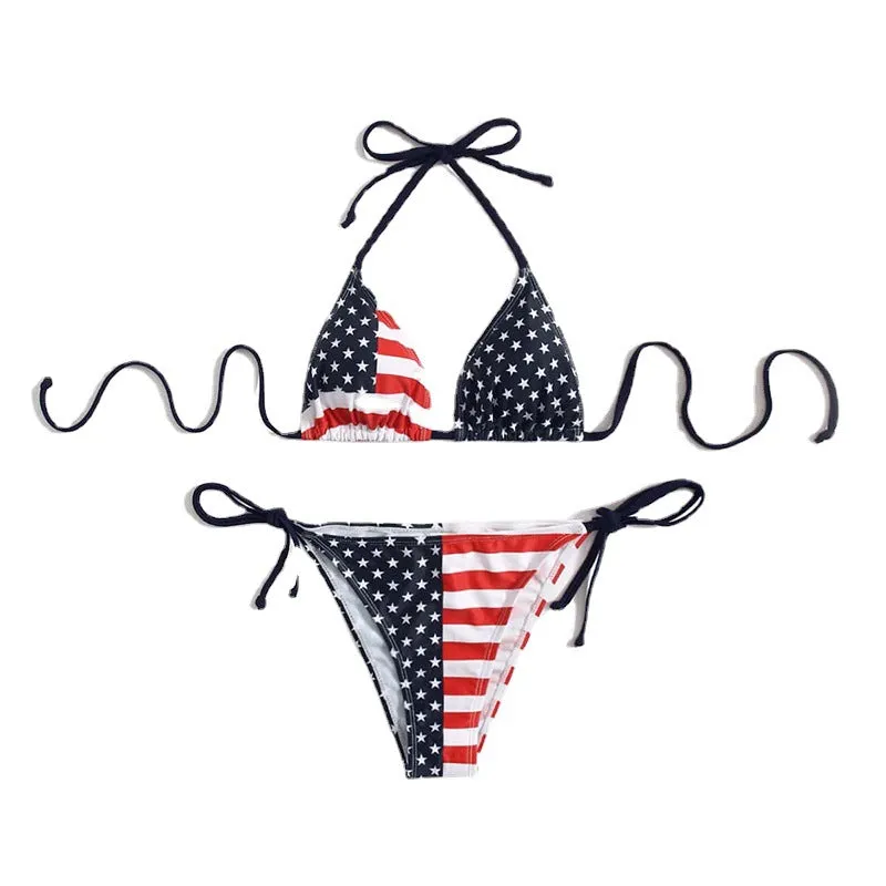 New Arrival Halter Strappy American Flag Print Beach Sexy Bikini Swimsuit