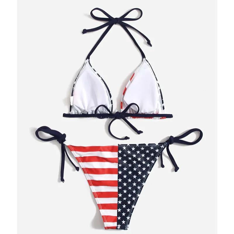 New Arrival Halter Strappy American Flag Print Beach Sexy Bikini Swimsuit