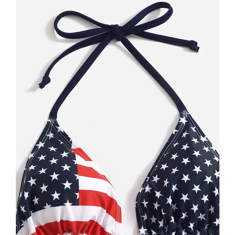 New Arrival Halter Strappy American Flag Print Beach Sexy Bikini Swimsuit