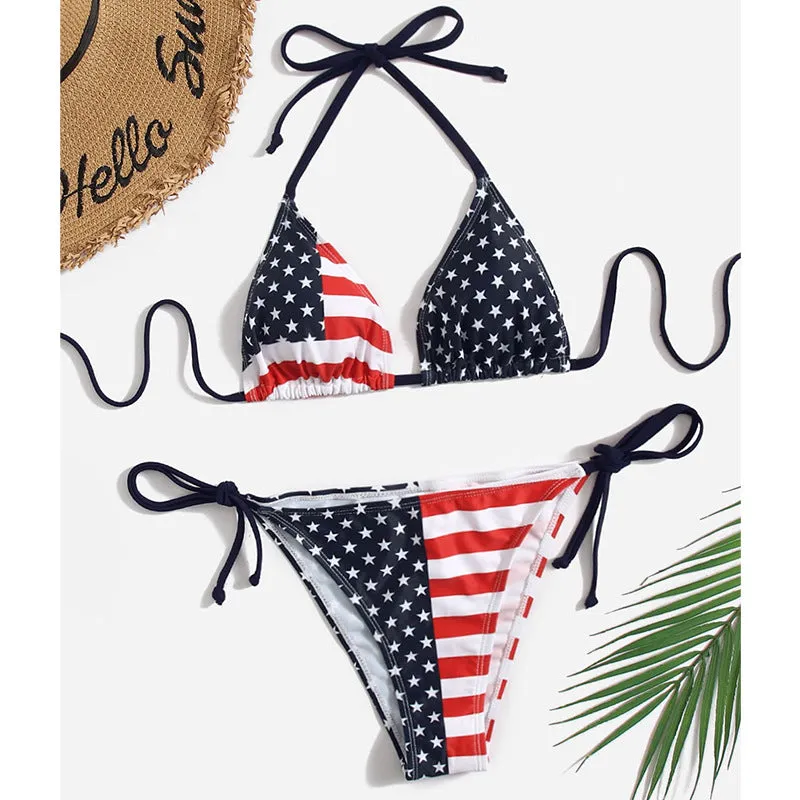 New Arrival Halter Strappy American Flag Print Beach Sexy Bikini Swimsuit