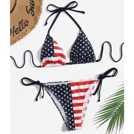 New Arrival Halter Strappy American Flag Print Beach Sexy Bikini Swimsuit
