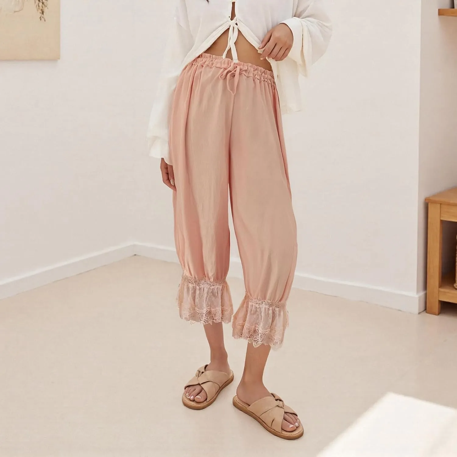 NUFIWI Women Ruffle Long Bloomer Y2k Lace Trim Pettipants Pantaloons Mid Rise Cropped Pajama Pants Under Dress Slips