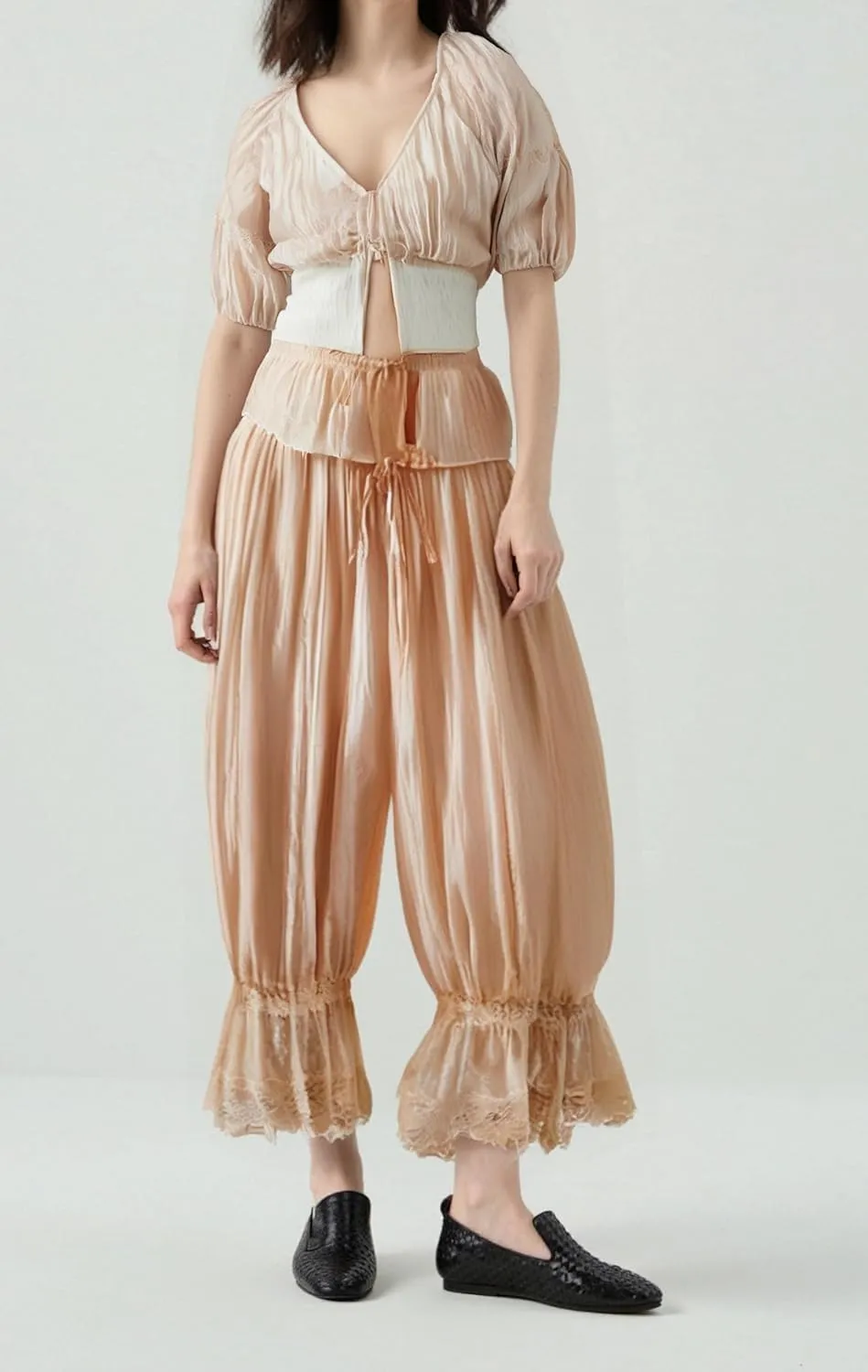 NUFIWI Women Ruffle Long Bloomer Y2k Lace Trim Pettipants Pantaloons Mid Rise Cropped Pajama Pants Under Dress Slips