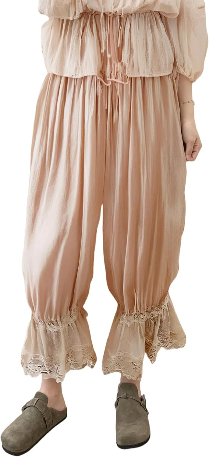NUFIWI Women Ruffle Long Bloomer Y2k Lace Trim Pettipants Pantaloons Mid Rise Cropped Pajama Pants Under Dress Slips