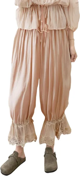 NUFIWI Women Ruffle Long Bloomer Y2k Lace Trim Pettipants Pantaloons Mid Rise Cropped Pajama Pants Under Dress Slips