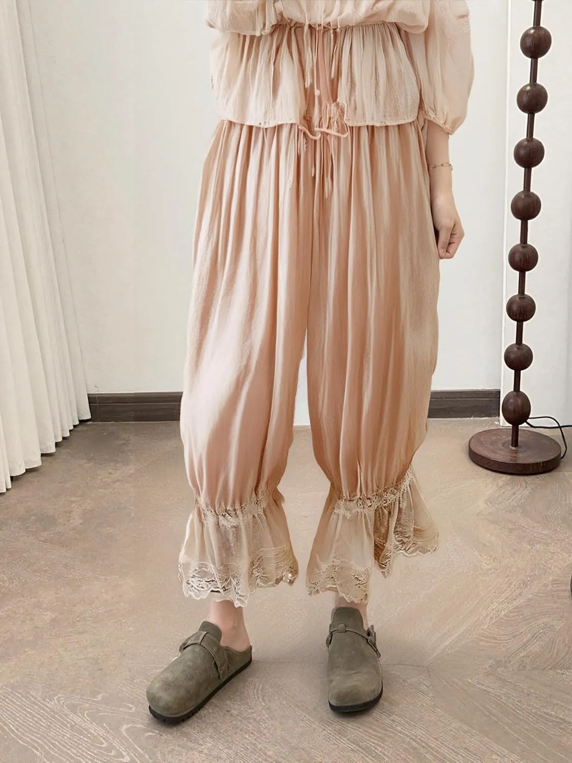 NUFIWI Women Ruffle Long Bloomer Y2k Lace Trim Pettipants Pantaloons Mid Rise Cropped Pajama Pants Under Dress Slips