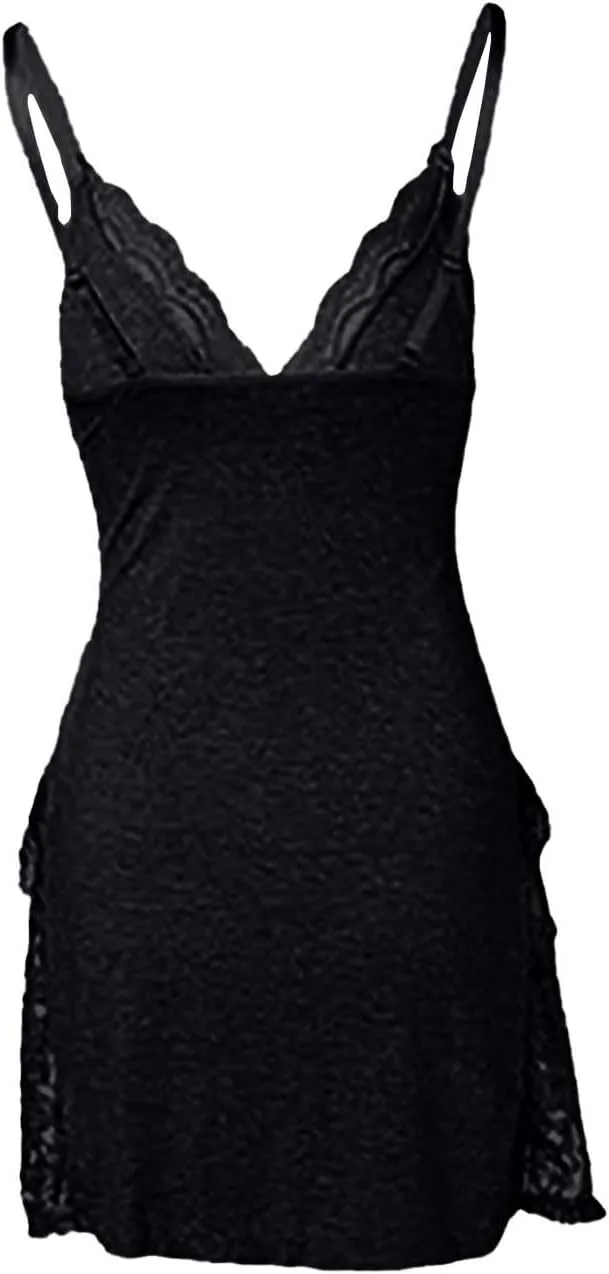 PETCDIM Lace Trim Sleep Dress for Women Sexy High Split Nightgown Trendy Bowknot Decor Sleep Spaghetti Dress Valentines Gift