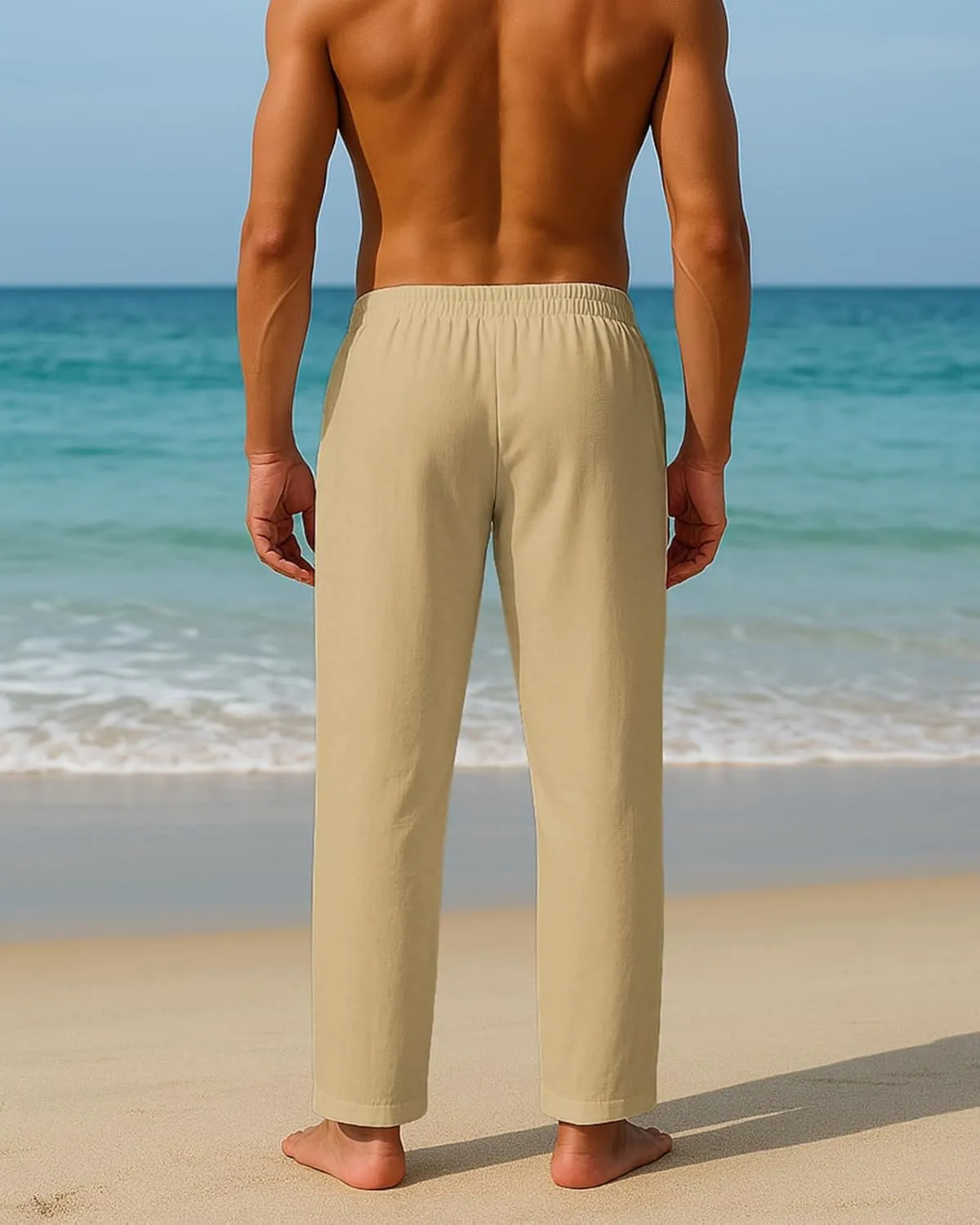 PIDOGYM Mens Cotton Linen Pants, Summer Beach Pants Casual Loose Fit with Elastic Waist Drawstring
