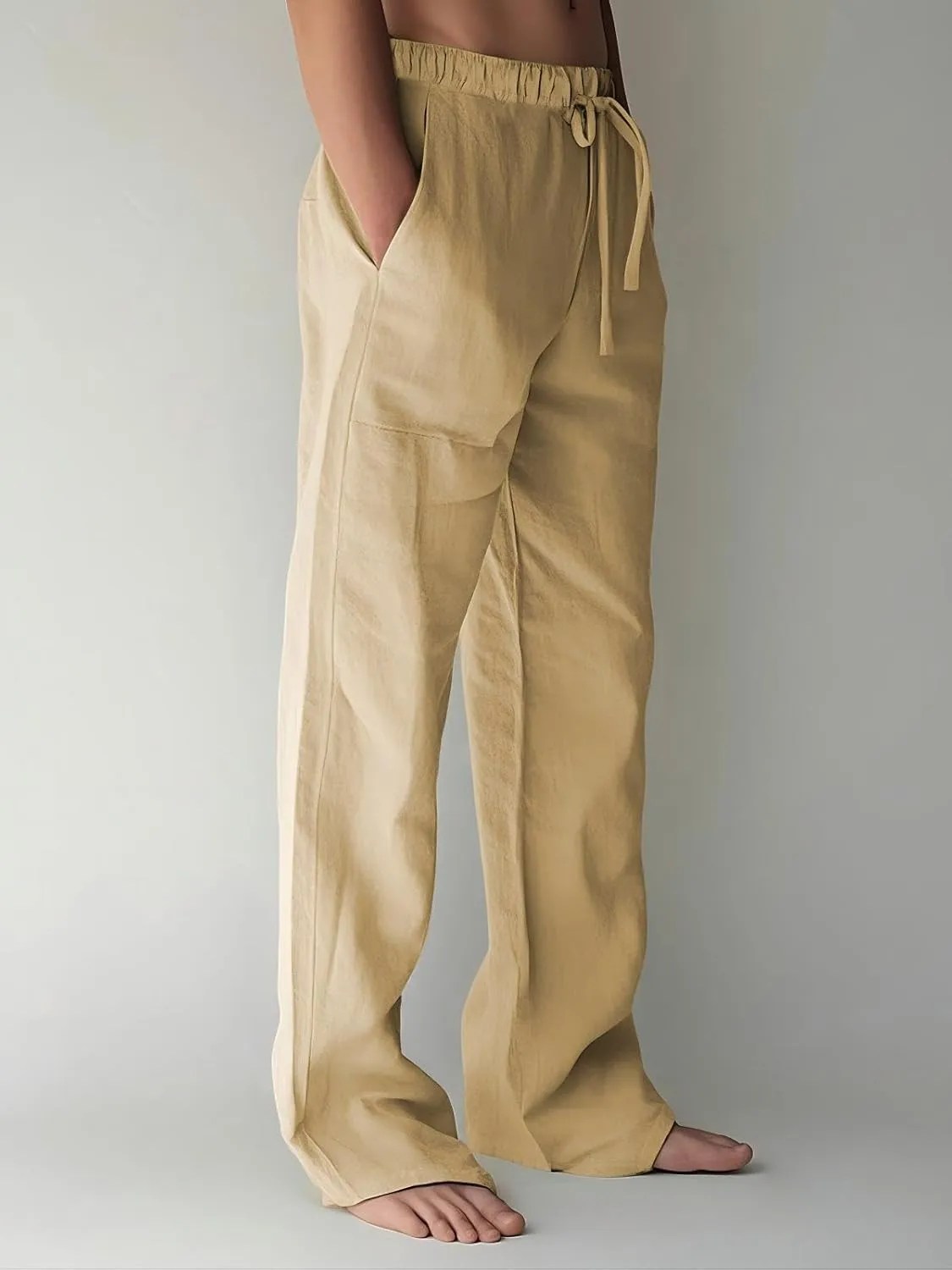 PIDOGYM Mens Cotton Linen Pants, Summer Beach Pants Casual Loose Fit with Elastic Waist Drawstring