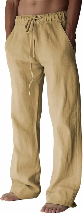 PIDOGYM Mens Cotton Linen Pants, Summer Beach Pants Casual Loose Fit with Elastic Waist Drawstring