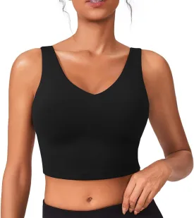 PINSPARK Sports Bras for Women Built in Bras Padded Yoga Bra V Neck Longline Workout Tank Tops with Removable Pads