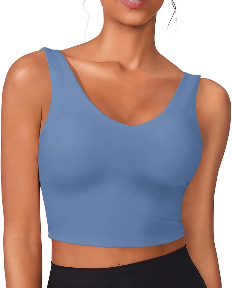 PINSPARK Sports Bras for Women Built in Bras Padded Yoga Bra V Neck Longline Workout Tank Tops with Removable Pads