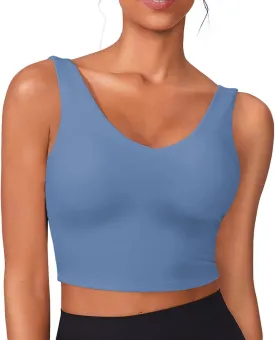 PINSPARK Sports Bras for Women Built in Bras Padded Yoga Bra V Neck Longline Workout Tank Tops with Removable Pads