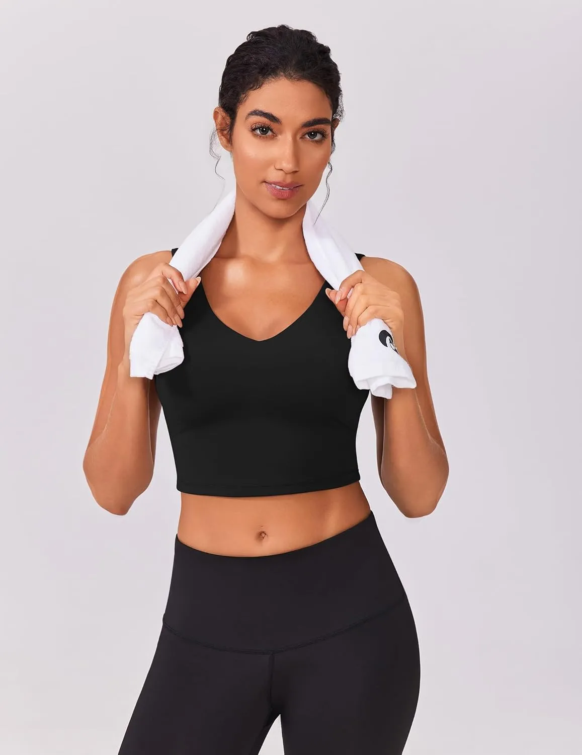 PINSPARK Sports Bras for Women Built in Bras Padded Yoga Bra V Neck Longline Workout Tank Tops with Removable Pads