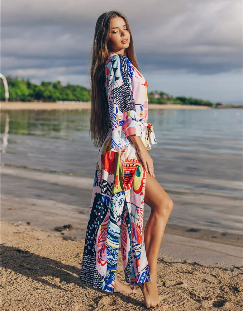 Printed Loose Beach Sunscreen Holiday Long Beach Bikini Cover Up
