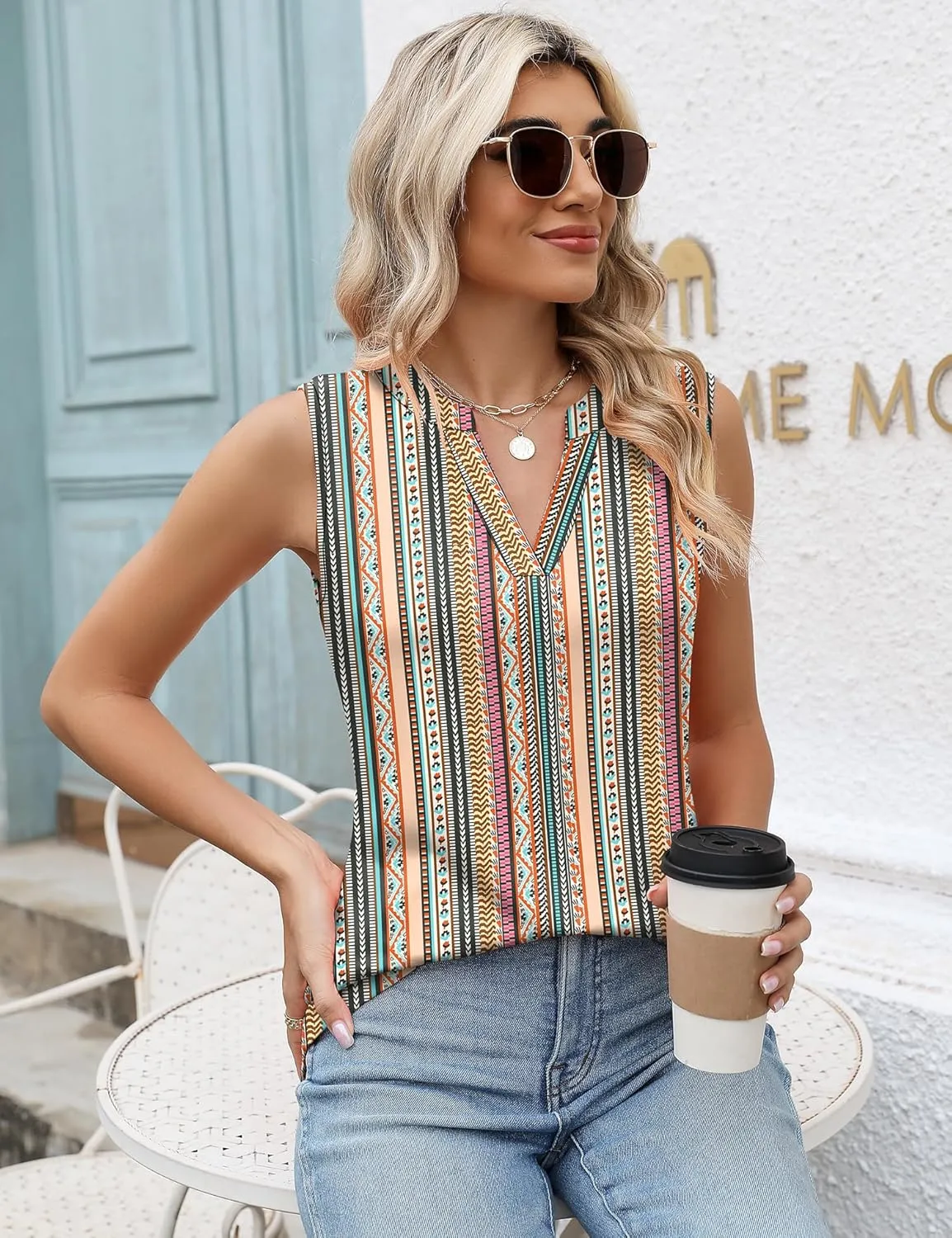 Romanstii Sleeveless Shirts for Women Casual Summer V Neck Tank Tops Dressy Blouses Tunic