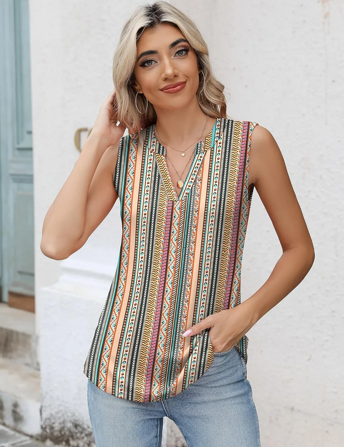 Romanstii Sleeveless Shirts for Women Casual Summer V Neck Tank Tops Dressy Blouses Tunic