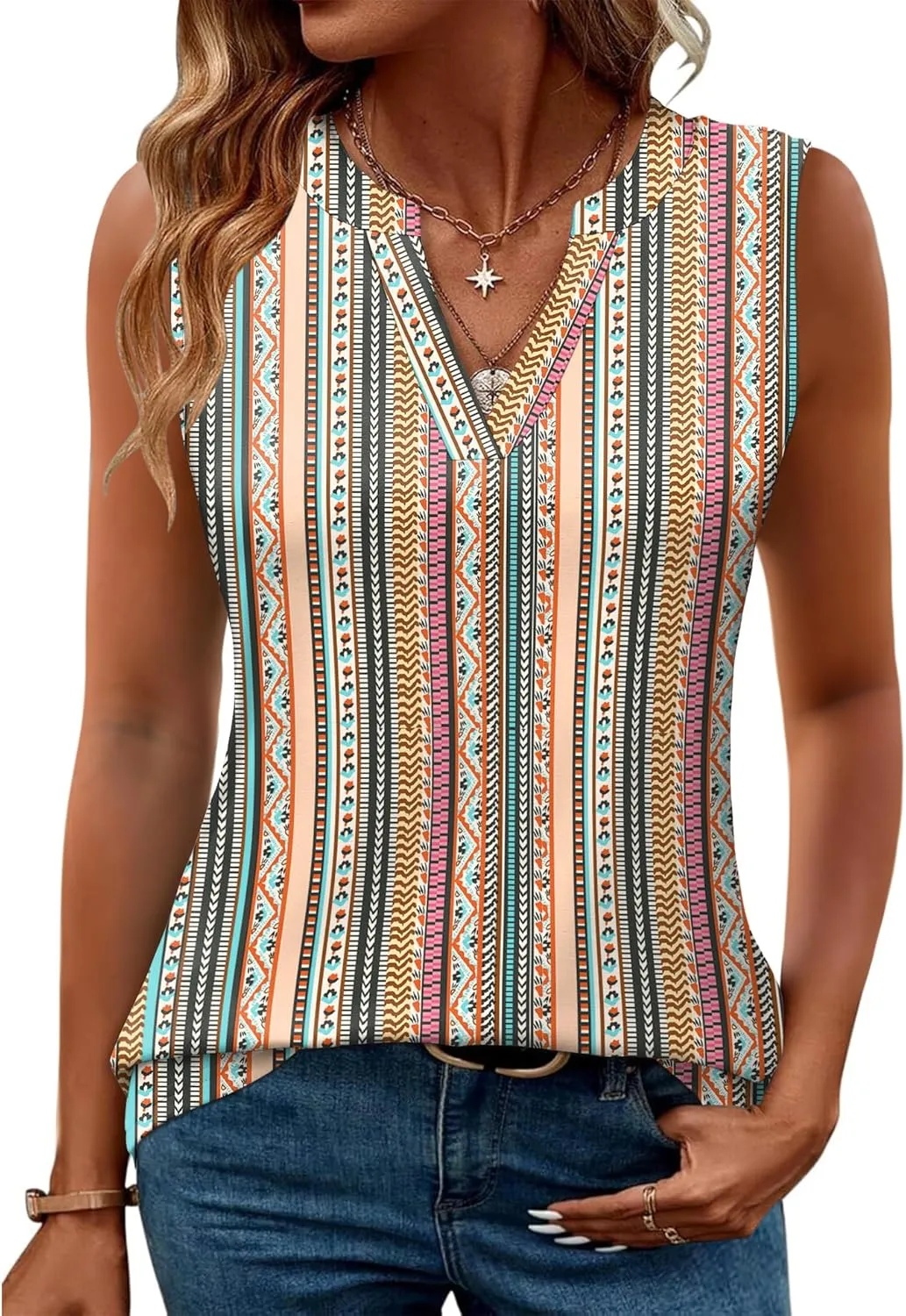 Romanstii Sleeveless Shirts for Women Casual Summer V Neck Tank Tops Dressy Blouses Tunic