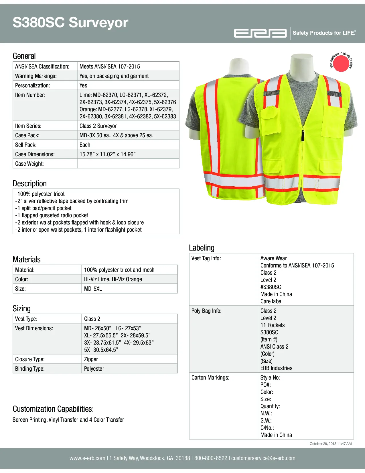 S380SC Class 2 Surveyor's Safety Vest with Pockets 1PC