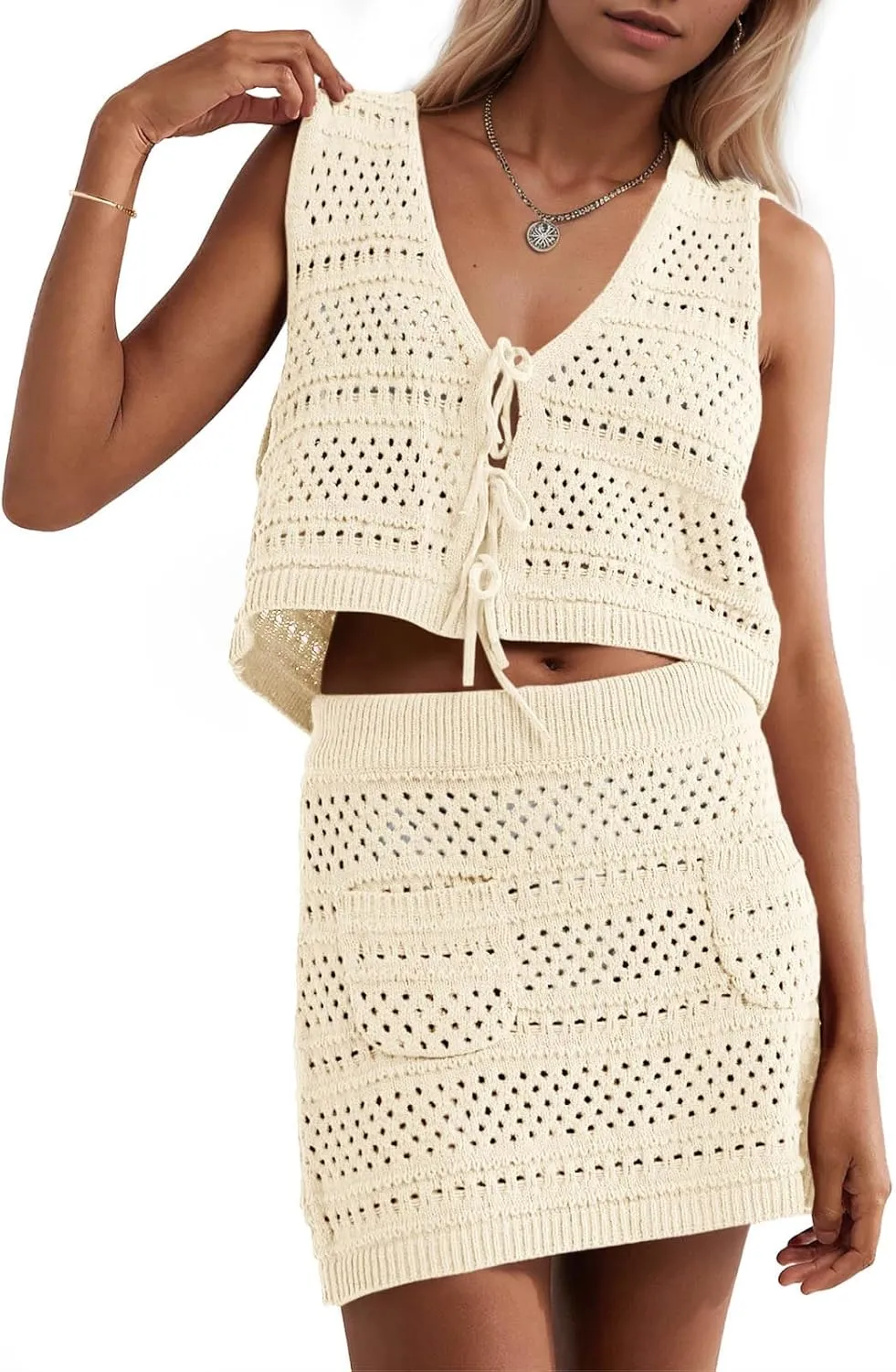 Saodimallsu Womens Crochet Swim Cover Up 2 Piece V Neck Sleeveless Front Tie Crop Tops Beach Mini Skirt Coverup Set