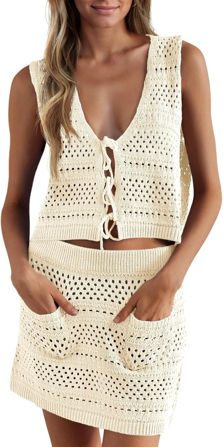 Saodimallsu Womens Crochet Swim Cover Up 2 Piece V Neck Sleeveless Front Tie Crop Tops Beach Mini Skirt Coverup Set
