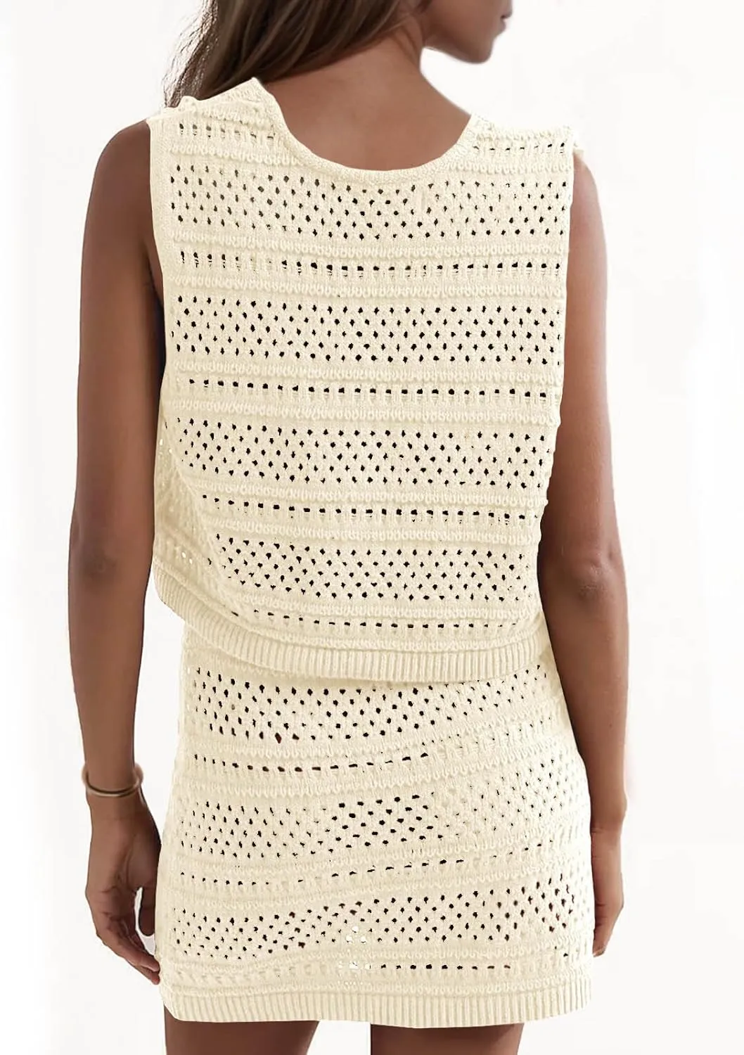 Saodimallsu Womens Crochet Swim Cover Up 2 Piece V Neck Sleeveless Front Tie Crop Tops Beach Mini Skirt Coverup Set