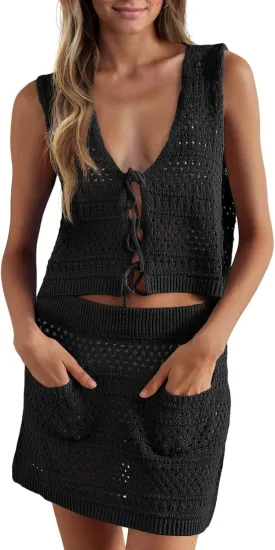 Saodimallsu Womens Crochet Swim Cover Up 2 Piece V Neck Sleeveless Front Tie Crop Tops Beach Mini Skirt Coverup Set