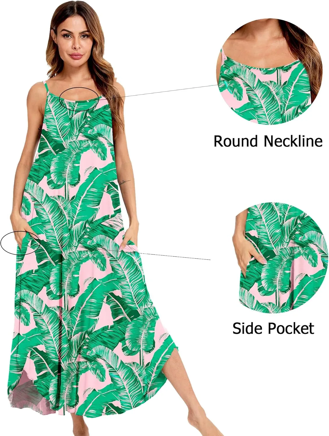 SWOMOG Women Long Nightgown Pajama Dress Soft Strap Nightdress Summer Sleeveless Nightshirt Lounge Dress with Pockets