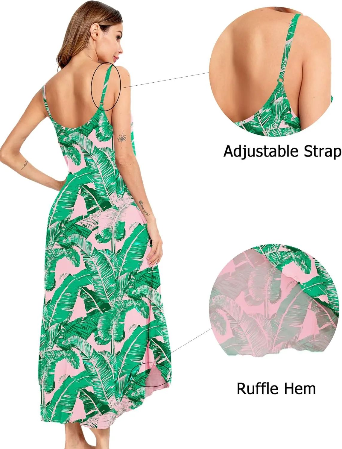 SWOMOG Women Long Nightgown Pajama Dress Soft Strap Nightdress Summer Sleeveless Nightshirt Lounge Dress with Pockets