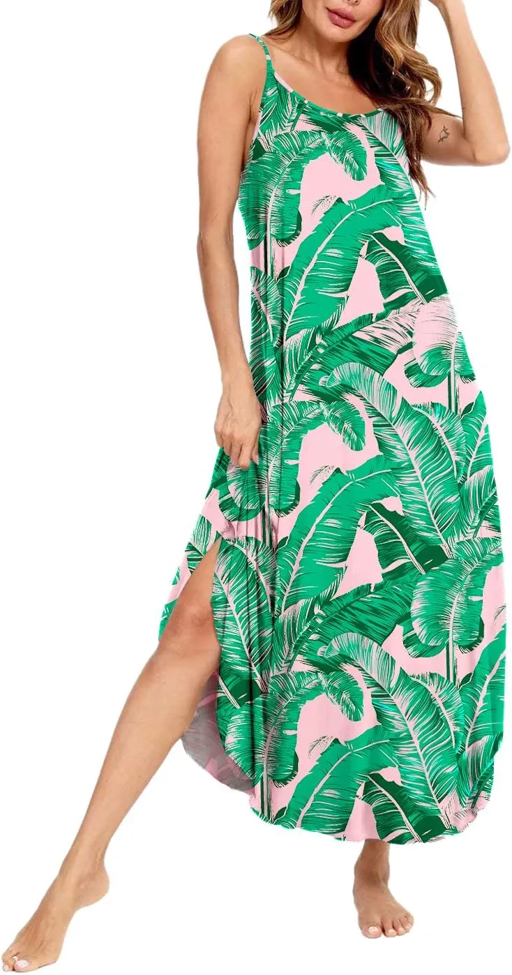 SWOMOG Women Long Nightgown Pajama Dress Soft Strap Nightdress Summer Sleeveless Nightshirt Lounge Dress with Pockets