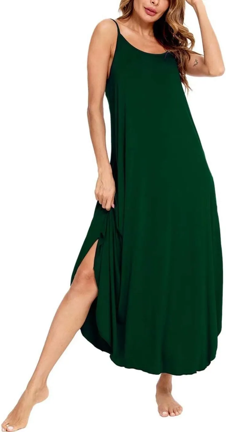 SWOMOG Women Long Nightgown Pajama Dress Soft Strap Nightdress Summer Sleeveless Nightshirt Lounge Dress with Pockets