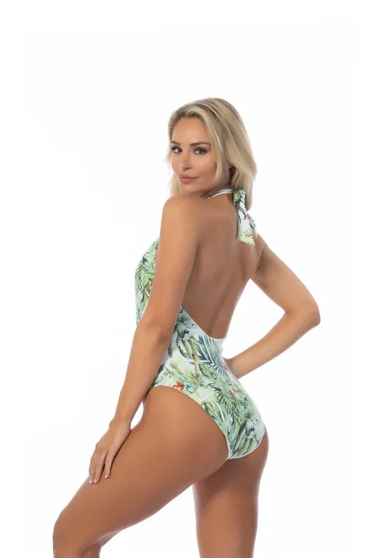 Tropical V Neckline One Piece Swimsuit