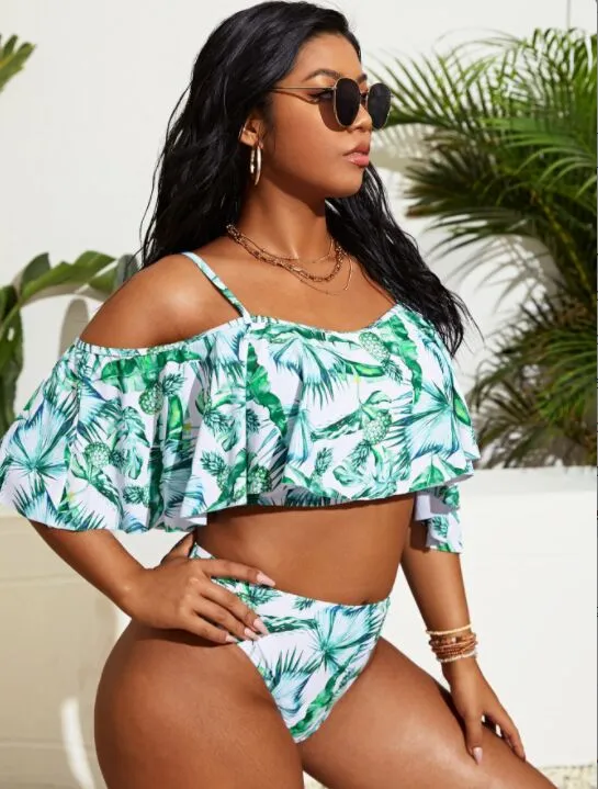Upopby Ruffled Halter Sleeve Swimsuit High Waist Bikini Set