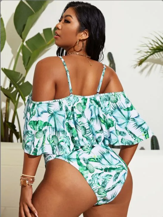 Upopby Ruffled Halter Sleeve Swimsuit High Waist Bikini Set
