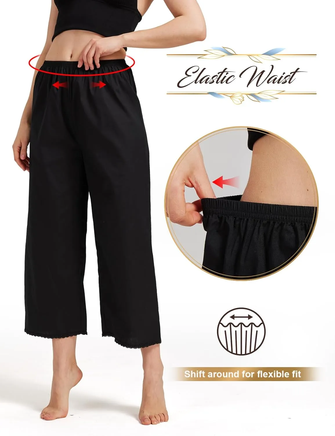 Women Cotton Half Slip Pettipants for Under Dress with Lace Trim Victorian Pajama Pants with Lining