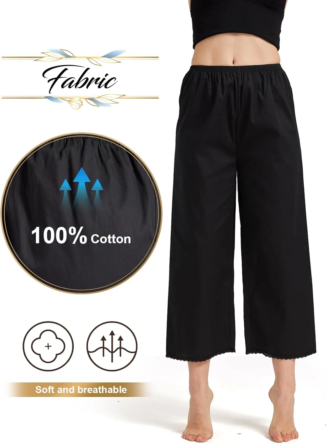 Women Cotton Half Slip Pettipants for Under Dress with Lace Trim Victorian Pajama Pants with Lining