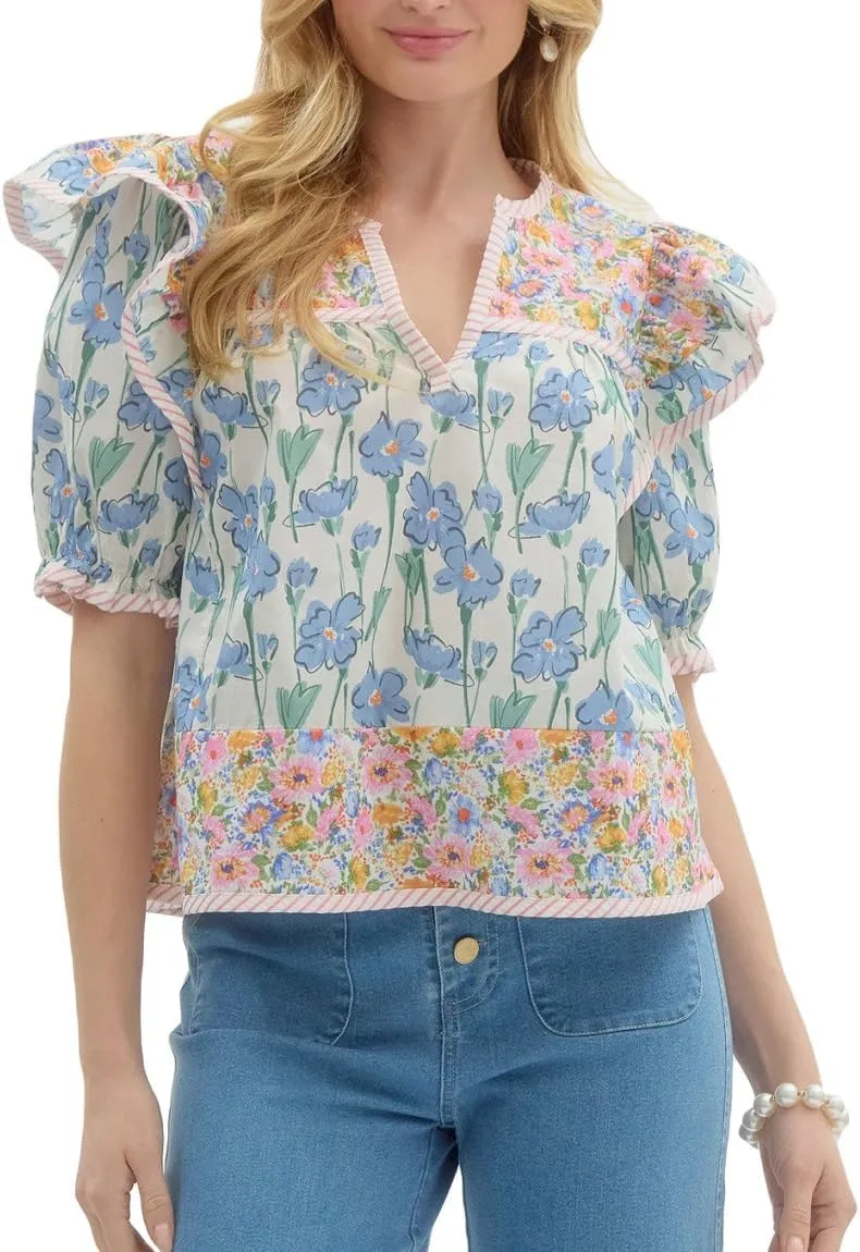 Women Floral Ruffle Short Sleeve Tops Flare Shoulder Boho Babydoll T Shirts Casual Flutter Sleeves Summer Blouse